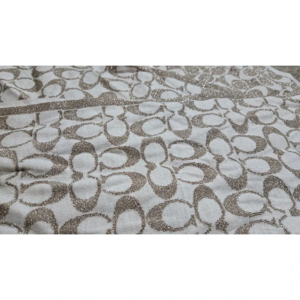 Coach Metallic Signature C Logo Knit Scarf Ivory Gold Wool Blend